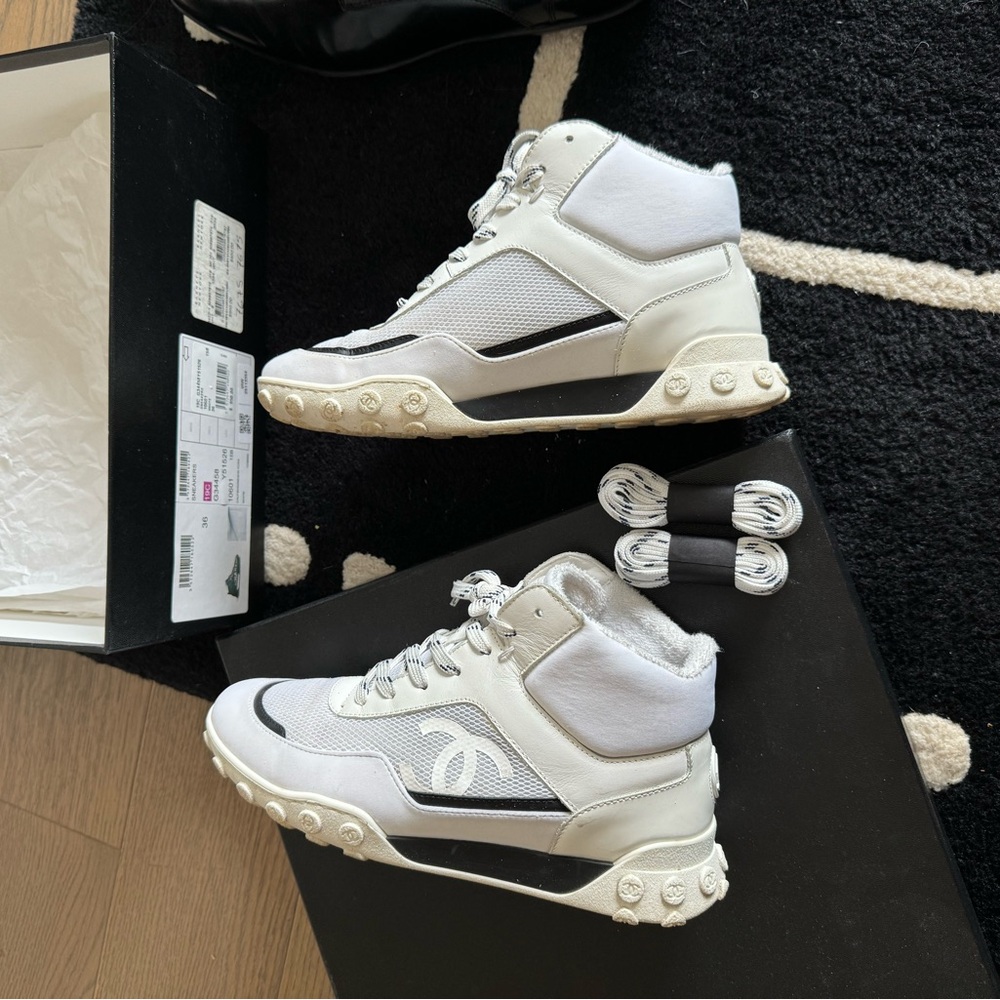Chanel leather and canvass hi cut white sneaker